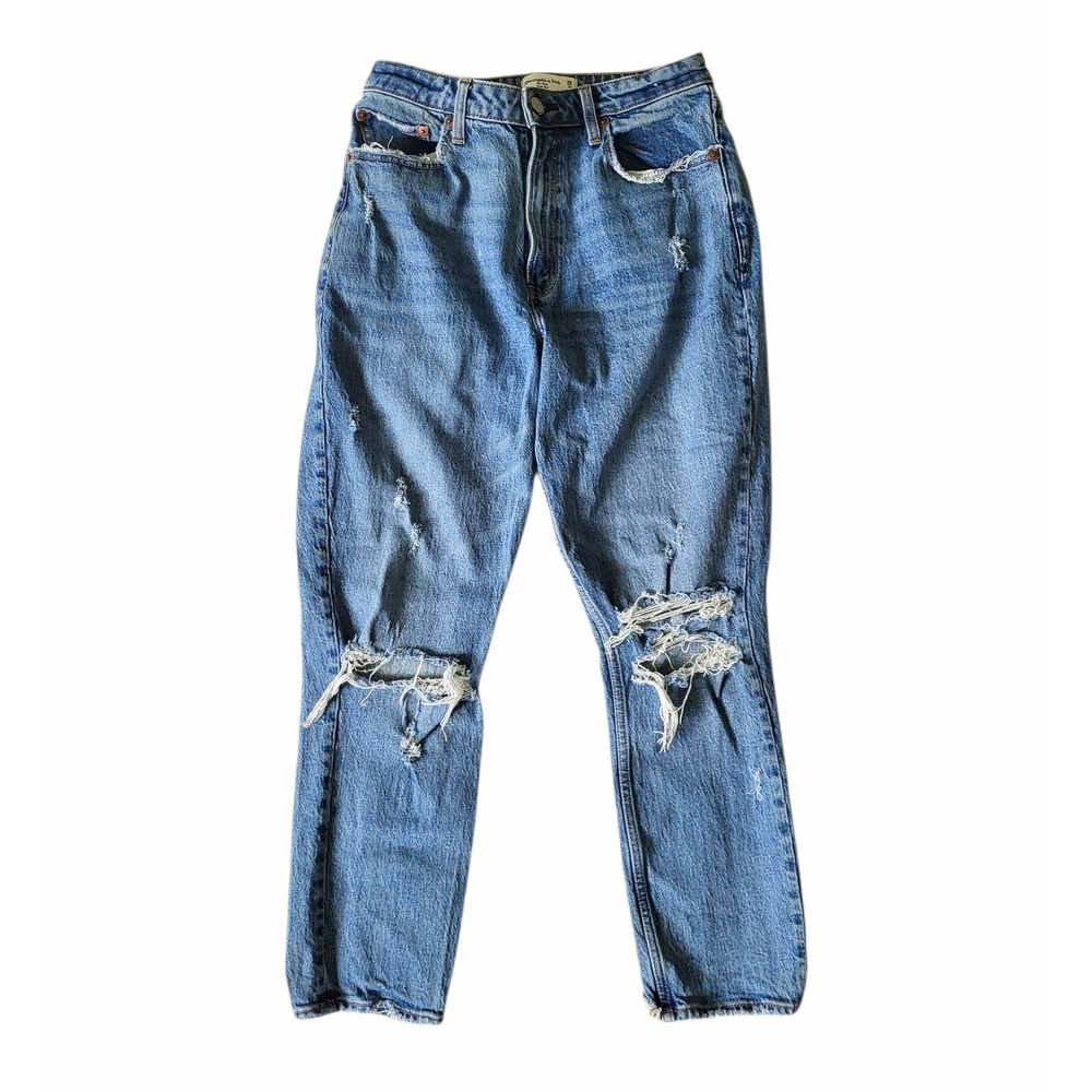 Abercrombie & Fitch High‎ Rise Mom Jeans Distressed Size 28 / 6R Blue Curve Love